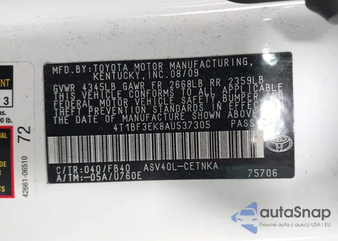 2010 Toyota Camry from USA, damaged, VIN 4T1BF3EK8AU537305